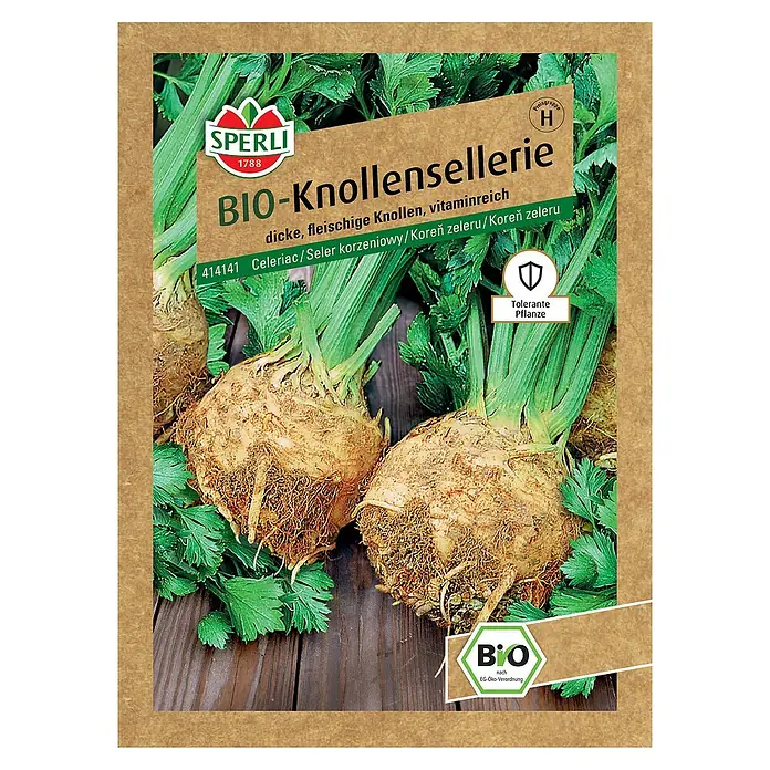Sperli Gemüsesamen BIO Knollensellerie - Apium graveolens var. rapaceum, Erntezeit: September - Die Samenpackung von Sperli Bio-Knollensellerie zeigt große, fleischige Knollen. Ideal für den vitaminreichen Anbau im eigenen Garten.