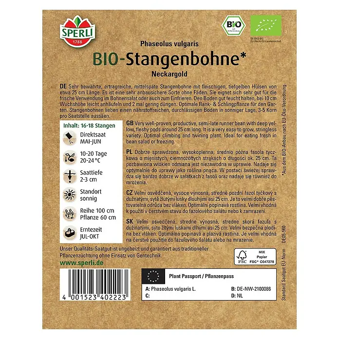 Sperli Gemüsesamen BIO Stangenbohne gelb - Phaseolus vulgaris, Erntezeit: Juli - Bild einer Saatguttüte der Bio-Stangenbohne 'Neckargold' von Sperli, einer bewährten, ertragreichen Sorte für den Garten.