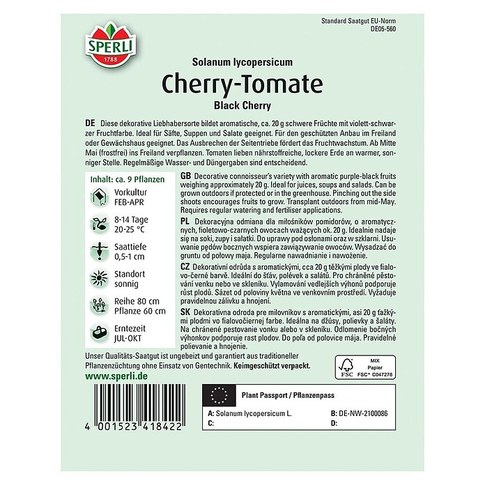 Sperli Gemüsesamen Cherry-Tomate Black Cherry (Solanum lycopersicum, Erntezeit: Juli) | BAUHAUS