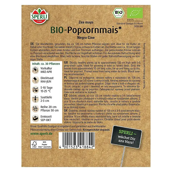 Sperli Gemüsesamen BIO Popcornmais - Zea mays, Erntezeit: September - Samenpackung für Bio-Popcornmais 'Negro Cine' von Sperli. Robust, gesund, ideal für Kübel und Hochbeete.
