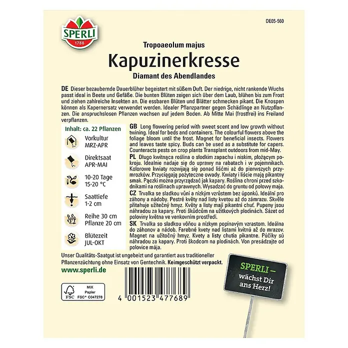 Sperli Kräutersamen Kapuzinerkresse - Tropaeolum majus, Saatzeit: April - Samenpackung Kapuzinerkresse 'Diamant des Abendlandes' von Sperli, ideal für Beet und Topf, essbare Blüten und Blätter für den Garten.