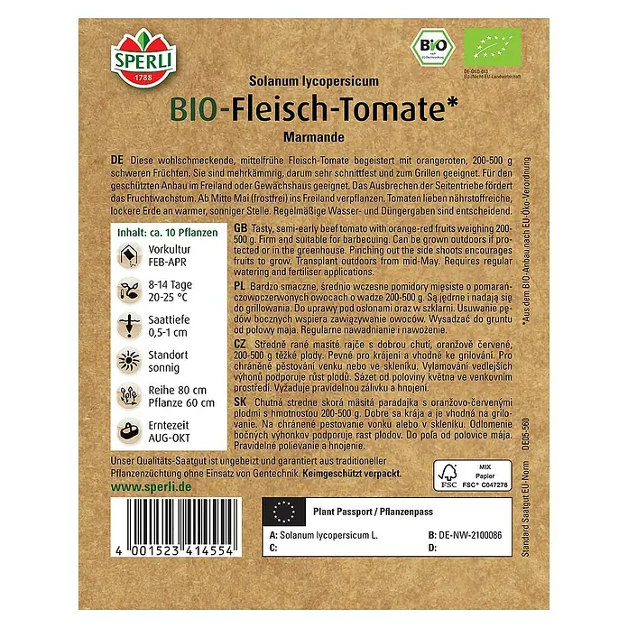 Sperli Gemüsesamen BIO Fleischtomate - Solanum lycopersicum, Erntezeit: August - Saatgutpackung BIO-Fleisch-Tomate 'Marmande' von Sperli, ideal für den Anbau von aromatischen Fleischtomaten im eigenen Garten.