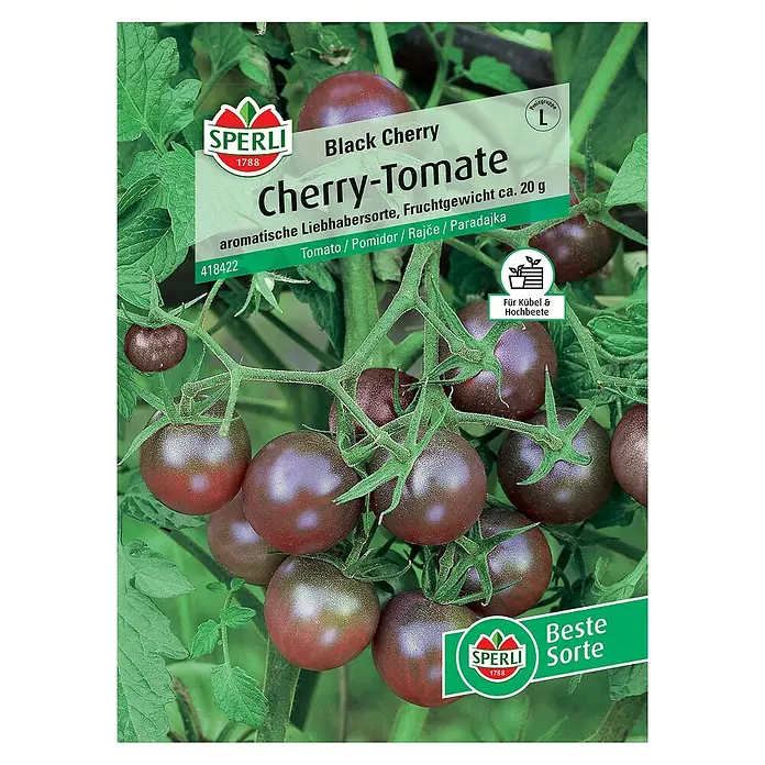 Sperli Gemüsesamen Cherry-Tomate Black Cherry - Solanum lycopersicum, Erntezeit: Juli - Samenpackung Black Cherry Cherry-Tomate, eine aromatische Liebhabersorte mit einem Fruchtgewicht von ca. 20 g, ideal für Kübel und Hochbeete.