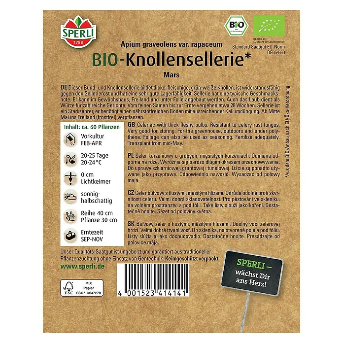 Sperli Gemüsesamen BIO Knollensellerie - Apium graveolens var. rapaceum, Erntezeit: September - Abbildung der Samenpackung von Bio-Knollensellerie von Sperli, einer robusten Sorte mit aromatischen, weiß-grünen Knollen.