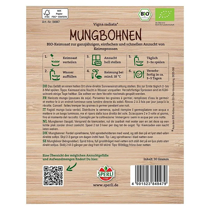 Sperli Saatgut Keimsprossen Mungo - Vigna radiata - Mungbohnen-Samenpackung mit Anbauanleitung. Ideal für Sprossenliebhaber, die Wert auf Bio-Qualität legen.