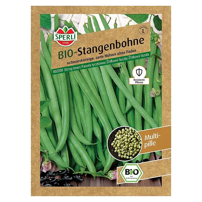 Sperli Gemüsesamen BIO Stangenbohne - Phaseolus vulgaris, Erntezeit: Juli - Samenpackung BIO-Stangenbohne, eine Sorte mit schwarzen Körnern und zarten Hülsen, ideal für den biologischen Anbau.