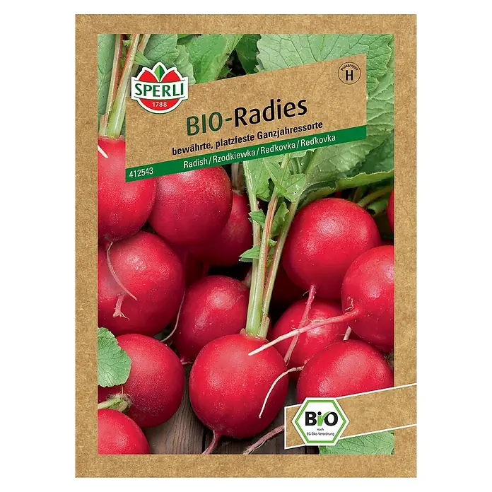 Sperli Gemüsesamen BIO RadiesRaphanus sativus, Erntezeit: April - Samenpackung Bio-Radieschen, eine bewährte, platzfeste Sorte für das ganze Jahr. Ideal für den biologischen Anbau im Garten.