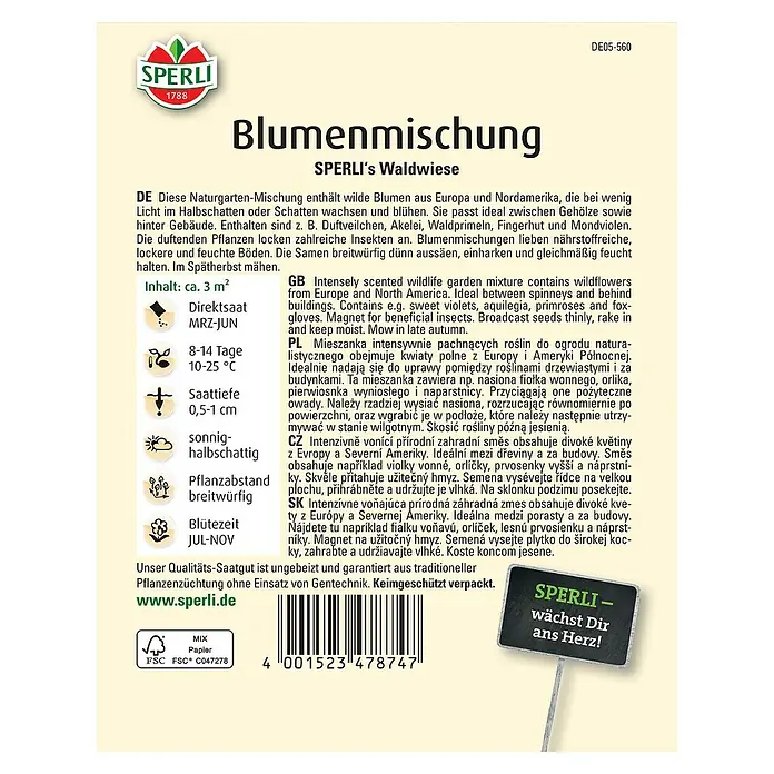Sperli Wildblumensamen Waldwiese - 3 m² - Blumenmischung "SPERLI's Waldwiese" für naturnahe Gärten. Enthält Wildblumen aus Europa und Nordamerika.