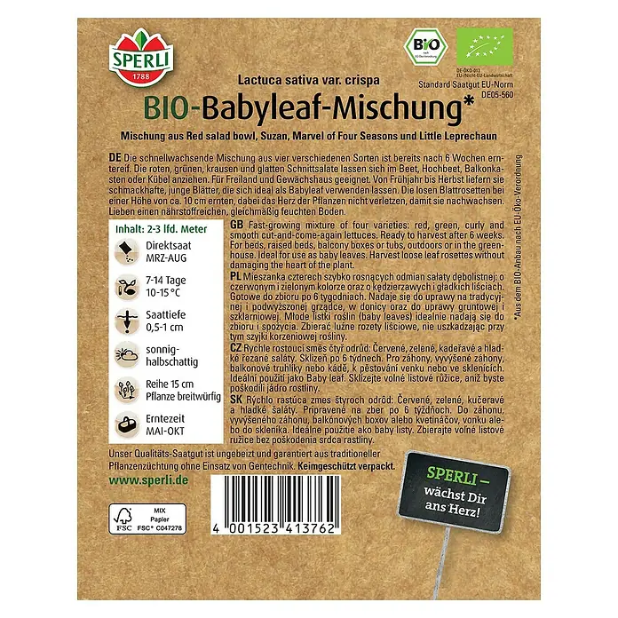 Sperli Salatsamenmischung BIO Babyleaf - Lactuca sativa var. crispa, Erntezeit: Mai - SPERLI BIO-Babyleaf-Mischung: Eine Saatgutmischung für köstlichen, schnell wachsenden Babyleaf-Salat aus dem eigenen Garten.
