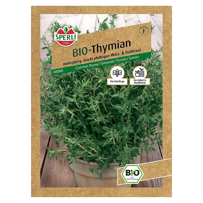 Sperli Kräutersamen BIO Thymian - Thymus vulgaris, Saatzeit: April, Erntezeit: Ganzjährig - Bild einer Samenpackung mit der Aufschrift "BIO-Thymian", mehrjährig, leicht pfeffriges Würz- und Duftkraut.