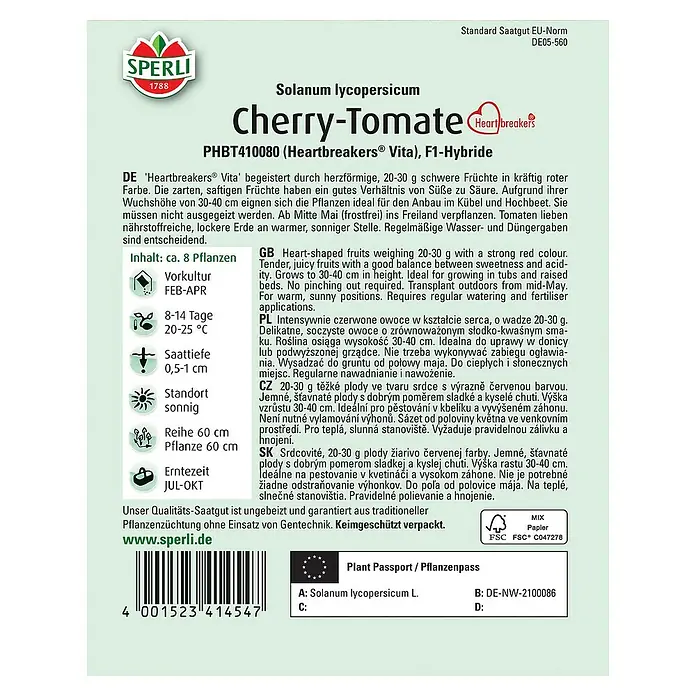 Sperli Gemüsesamen Cherry Tomate Heartbreakers Vita - Solanum lycopersicum, Erntezeit: Juli - Abbildung der Saatguttüte "Cherry-Tomate Heartbreakers Vita".