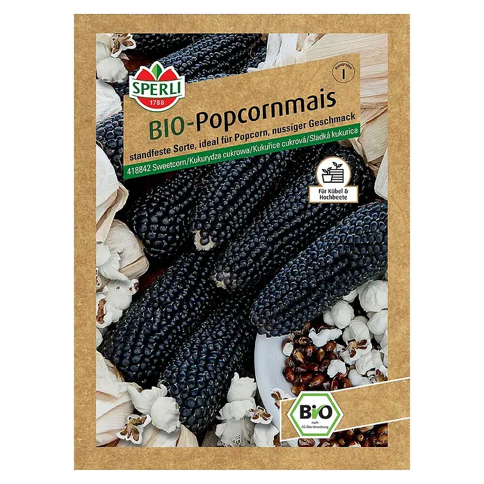 Sperli Gemüsesamen BIO Popcornmais - Zea mays, Erntezeit: September - Abbildung einer Samenpackung Bio-Popcornmais von Sperli, einer standfesten Sorte mit nussigem Geschmack, ideal für Kübel und Hochbeete.