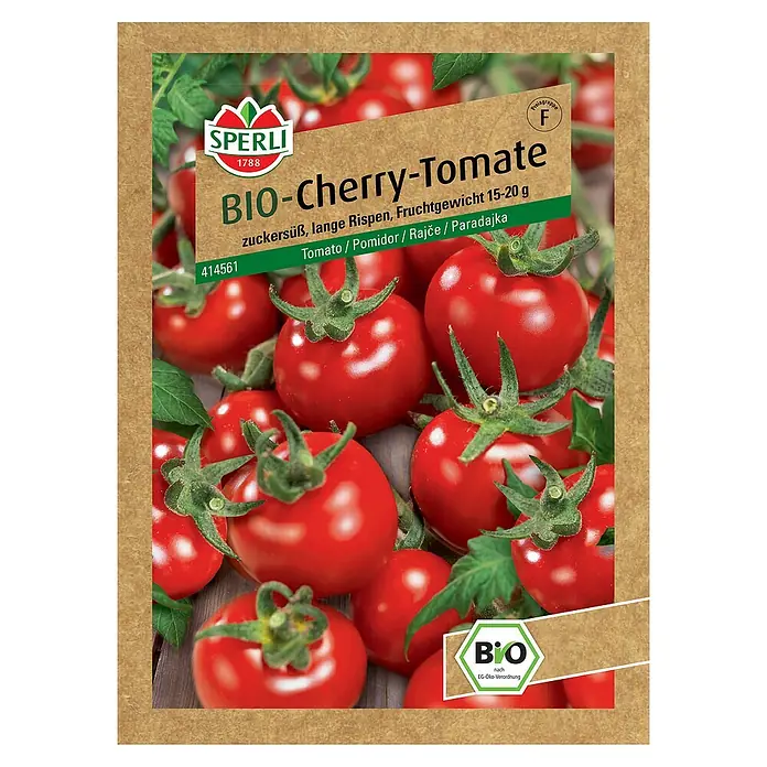 Sperli Gemüsesamen BIO Cherrytomate - Solanum lycopersicum, Erntezeit: Juli - Abbildung einer Samenpackung "BIO-Cherry-Tomate" von Sperli, einer zuckersüßen Sorte mit einem Fruchtgewicht von 15-20 g.
