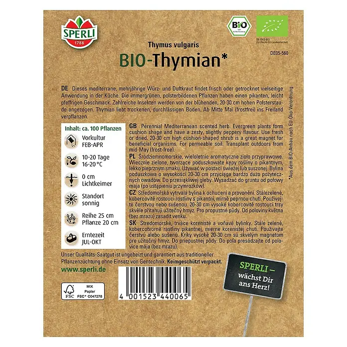 Sperli Kräutersamen BIO Thymian - Thymus vulgaris, Saatzeit: April, Erntezeit: Ganzjährig - Saatguttüte mit Bio-Thymiansamen.