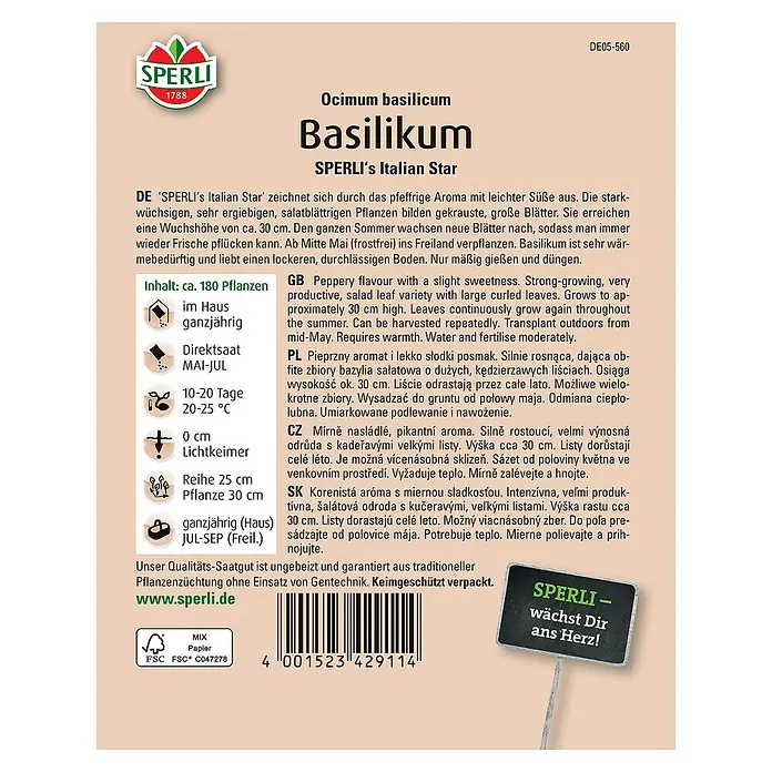 Sperli Kräutersamen BasilikumOcimum basilicum, Saatzeit: Mai, Erntezeit: April - SPERLI Basilikumsamen 'Italian Star' für aromatische Kräuter. Ideal für Garten und Küche, leicht anzubauen.