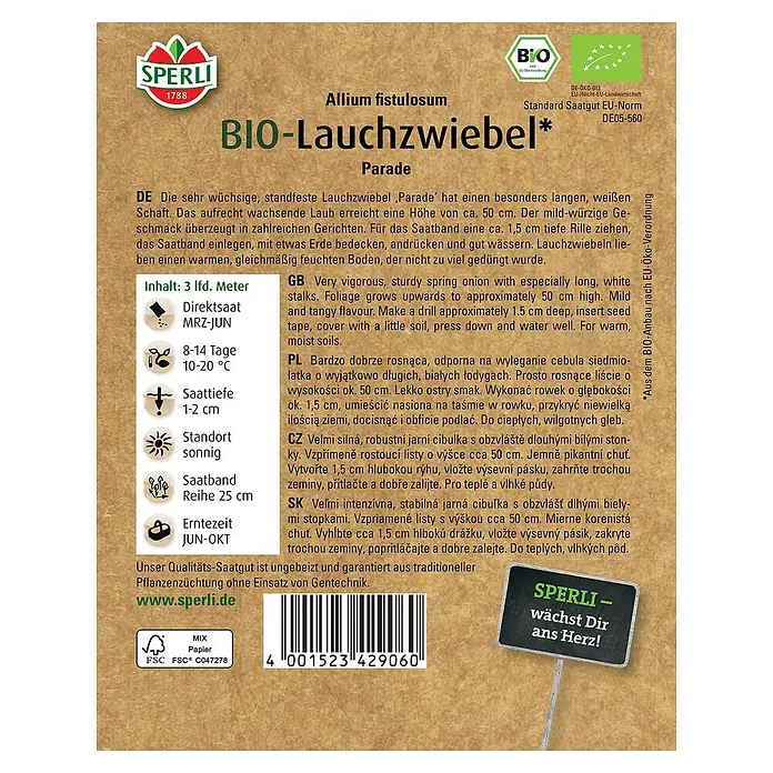 Sperli Gemüsesamen BIO Lauchzwiebel - Allium fistulosum, Erntezeit: Juni - Samenpackung für Bio-Lauchzwiebeln der Sorte 'Parade' von Sperli, ideal für den Anbau von aromatischen Frühlingszwiebeln.