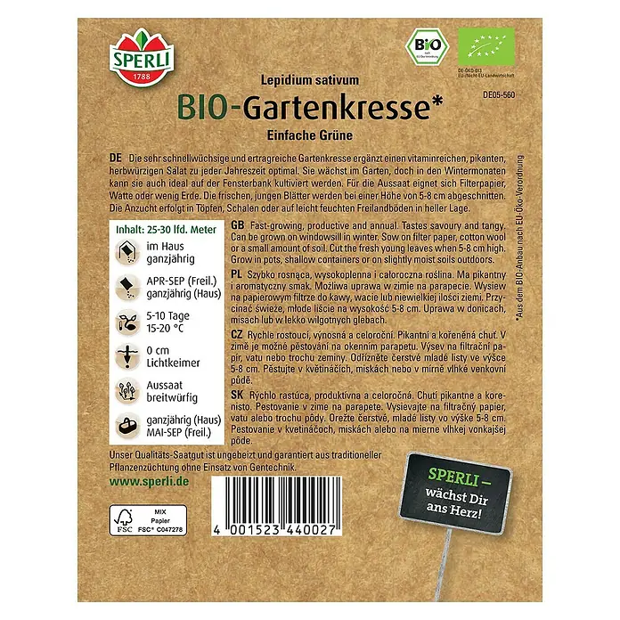 Sperli Saatgut BIO Gartenkresse - Lepidium sativum, Saatzeit: April - Abbildung einer Samenpackung für Bio-Gartenkresse von Sperli, ideal für würzige Salate und den Anbau im Haus.
