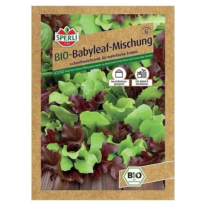 Sperli Salatsamenmischung BIO BabyleafLactuca sativa var. crispa, Erntezeit: Mai - Samenpackung für Bio-Babyleaf-Mischung von Sperli, schnellwachsend und für Gewächshaus & Hochbeete geeignet.