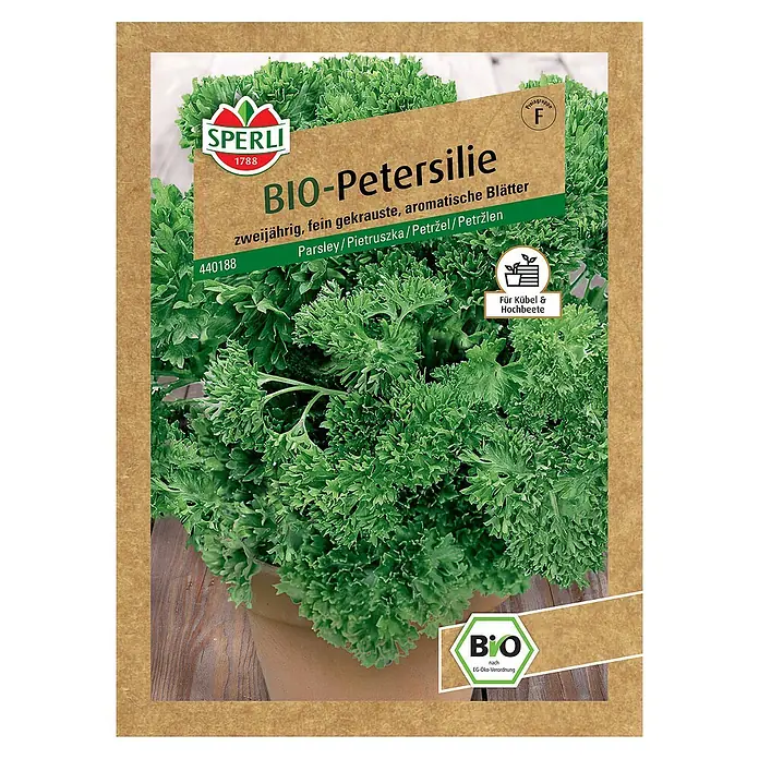 Sperli Kräutersamen BIO PetersiliePetroselinum crispum var. crispum, Saatzeit: April, Erntezeit: Ganzjährig - Bild einer Samenpackung für Bio-Petersilie der Marke Sperli, ideal für Kübel und Hochbeete, mit dem Hinweis auf zweijährige, fein gekrauste und aromatische Blätter.