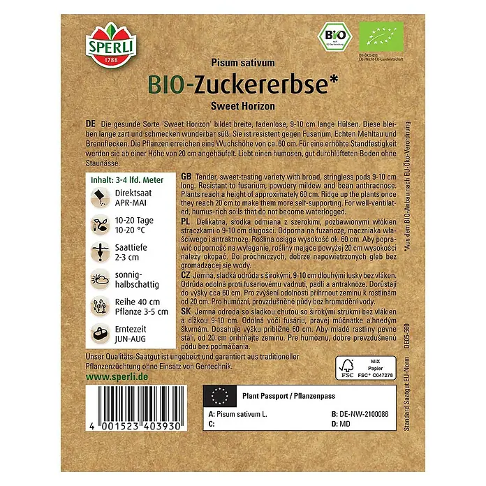Sperli Gemüsesamen BIO Zuckererbse - Pisum sativum, Erntezeit: Juni - Abbildung einer Saatguttüte für Bio-Zuckererbsen, Sorte 'Sweet Horizon'.