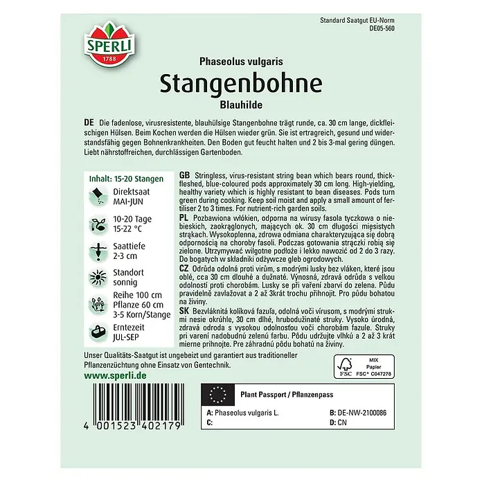 Sperli Gemüsesamen Stangenbohne Blauhilde - Phaseolus vulgaris, Erntezeit: Juli - Abbildung des Samenpakets 'Stangenbohne Blauhilde' von Sperli, einer virusresistenten Sorte mit blauen, ca. 30 cm langen Hülsen.