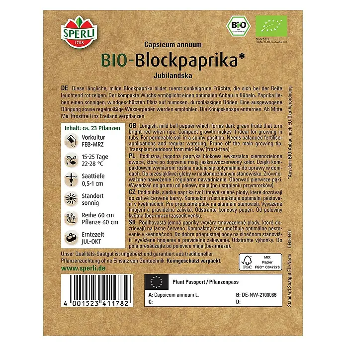 Sperli Gemüsesamen BIO Blockpaprika - Capsicum annuum, Erntezeit: Juli - Abbildung einer Samenkapsel Bio-Blockpaprika "Jubilandska" (Capsicum annuum) von Sperli, ideal für den Anbau im eigenen Garten oder auf dem Balkon.