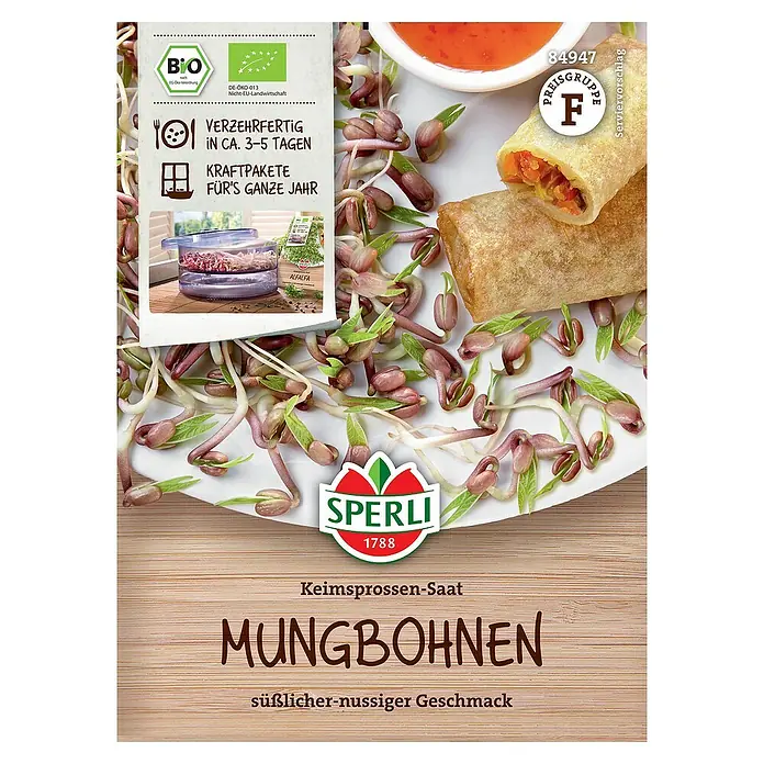 Sperli Saatgut Keimsprossen Mungo - Vigna radiata - Abbildung von Sperli Mungobohnen Keimsprossen-Saat, Bio-Qualität. Ideal zum Anziehen von Sprossen, süßlich-nussiger Geschmack für Salate und asiatische Gerichte.