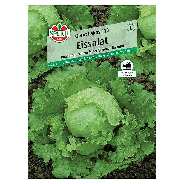 Sperli Salatsamen Eissalat - Lactuca sativa, Erntezeit: Juni - Abbildung einer Samenpackung "Great Lakes 118 Eissalat" von Sperli, knackig und ideal für Kübel und Hochbeete.