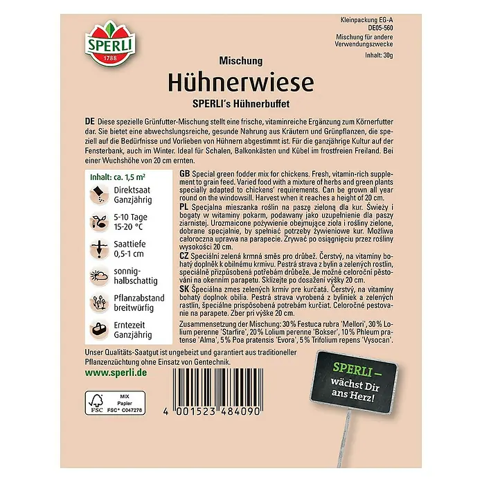 Sperli Saatgut Hühnerwiese - Verschiedene sorten - SPERLI Hühnerwiese: Spezielle Grünfutter-Mischung für Hühner, vitaminreich & ideal für die Fensterbank oder den frostfreien Freiland-Anbau.
