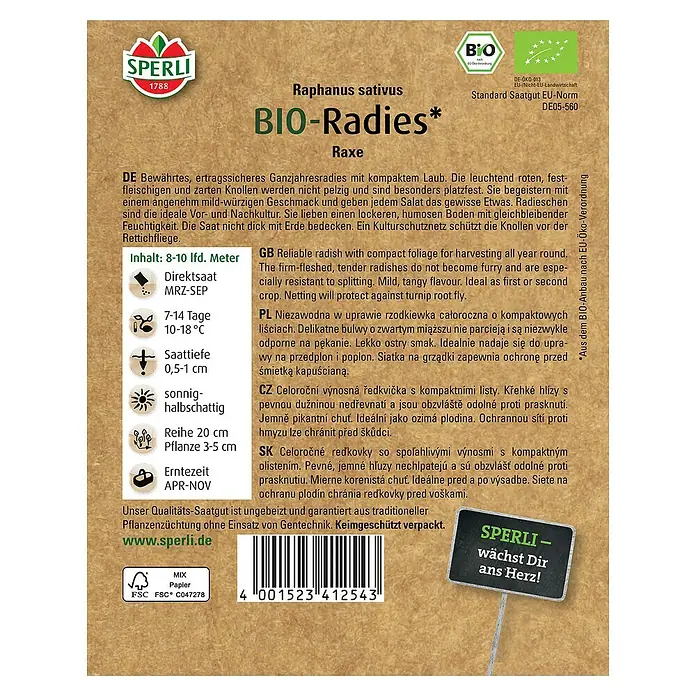 Sperli Gemüsesamen BIO RadiesRaphanus sativus, Erntezeit: April - SPERLI BIO-Radies Raxe Saatgutpackung. Für den ganzjährigen Anbau, knackige, milde Radieschen für jeden Salat.