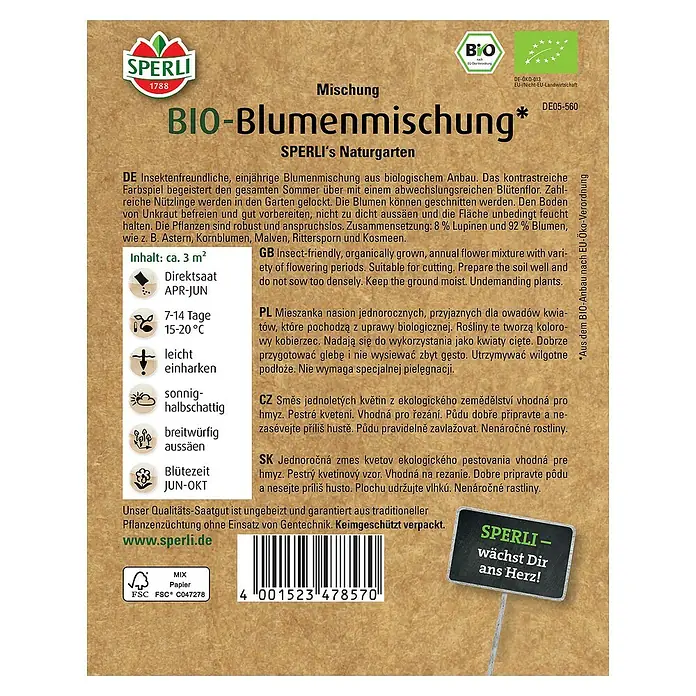 Sperli Blumensamenmischung BIO - Verschiedene sorten, 3 m² - SPERLI Bio-Blumenmischung: Eine farbenfrohe, insektenfreundliche Mischung für den Naturgarten, ideal für eine abwechslungsreiche Blütenpracht.