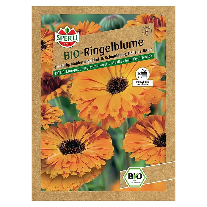 Sperli Blumensamen BIO Ringelblume - Calendula officinalis - Samenpackung Bio-Ringelblume von Sperli mit orangefarbenen Blüten. Einjährige, blühfreudige Sorte für Kübel und Hochbeete, Höhe ca. 60 cm.