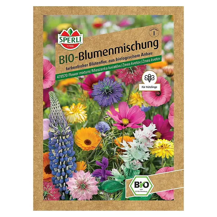 Sperli Blumensamenmischung BIO - Verschiedene sorten, 3 m² - SPERLI BIO-Blumenmischung: Farbenfrohe Blütenpracht aus biologischem Anbau für eine vielfältige und ökologische Gartengestaltung.