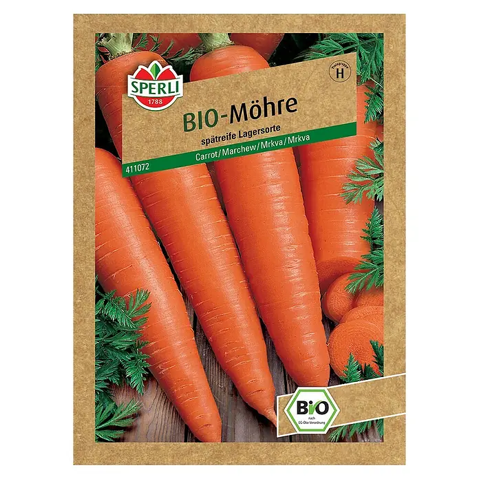Sperli Gemüsesamen BIO Möhre - Daucus carota, Erntezeit: August - Samenpackung 'Bio-Möhre', späte Lagersorte von Sperli, mit saftigen Karotten. Ideal für den biologischen Anbau und lange Lagerung.