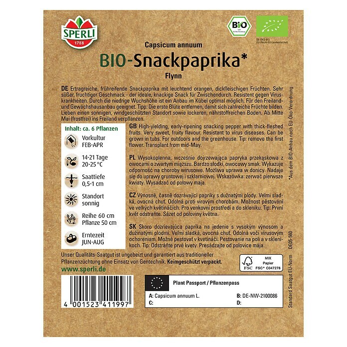 Sperli Gemüsesamen BIO SnackpaprikaCapsicum annuum, Erntezeit: Juni - August Back View