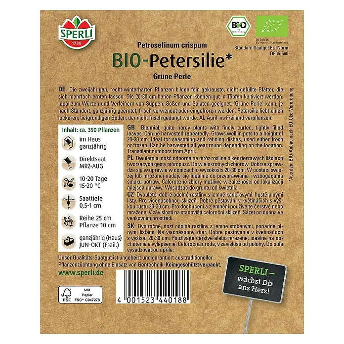Sperli Kräutersamen BIO PetersiliePetroselinum crispum var. crispum, Saatzeit: April, Erntezeit: Ganzjährig - Samenpackung Bio-Petersilie "Grüne Perle" von Sperli, ideal für den Garten.