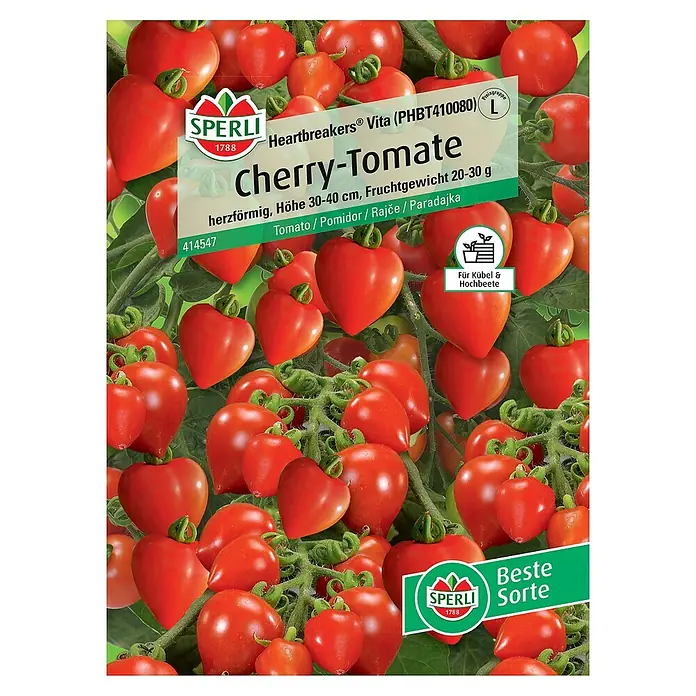 Sperli Gemüsesamen Cherry Tomate Heartbreakers Vita - Solanum lycopersicum, Erntezeit: Juli - Bild einer Samenpackung für 'Heartbreakers Vita' Cherry-Tomaten, herzförmig, mit einer Höhe von 30-40 cm und einem Fruchtgewicht von 20-30 g.
