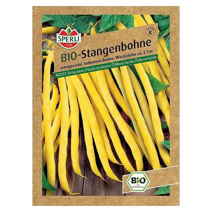 Sperli Gemüsesamen BIO Stangenbohne gelb - Phaseolus vulgaris, Erntezeit: Juli - Samenpackung BIO-Stangenbohne von Sperli, ertragreiche, fadenlose Sorte, Wuchshöhe ca. 2-3 m, ideal für den Bio-Anbau im eigenen Garten.