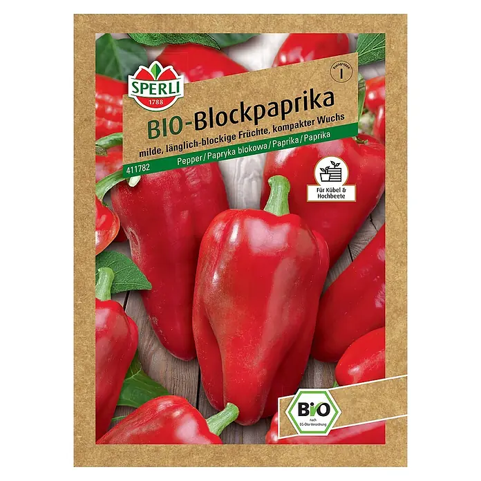 Sperli Gemüsesamen BIO Blockpaprika - Capsicum annuum, Erntezeit: Juli - Das Bild zeigt eine Samenpackung für "BIO-Blockpaprika" von Sperli, einer Sorte mit milden, länglich-blockigen Früchten und kompaktem Wuchs.