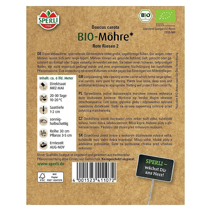 Sperli Gemüsesamen BIO Möhre - Daucus carota, Erntezeit: August - SPERLI BIO-Möhre 'Rote Riesen 2' Saatgutpackung. Für den Anbau von großen, roten Wintermöhren aus biologischem Anbau.