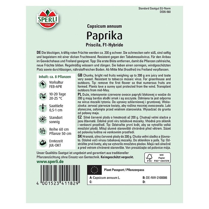 Sperli Gemüsesamen Paprika (Priscila F1, Capsicum annuum, Erntezeit: Juli) | BAUHAUS