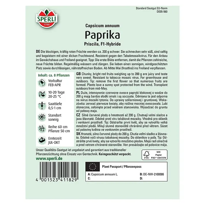 Sperli Gemüsesamen Paprika - Priscila F1, Capsicum annuum, Erntezeit: Juli - SPERLI Paprika Priscilla F1-Hybride Saatgutpackung. Für farbenfrohe, ertragreiche Paprika im eigenen Garten oder Gewächshaus.