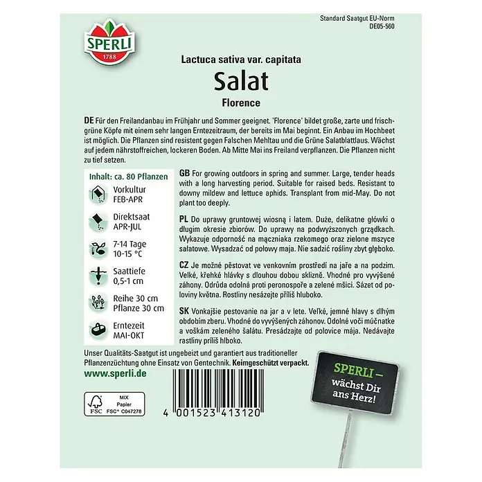 Sperli Salatsamen Salat - Lactuca sativa var. capitata, Erntezeit: Mai - SPERLI Salat 'Florence' Saatgutpackung. Für Freilandanbau, mit resistenten Pflanzen. Ideal für jeden nährstoffreichen Boden.