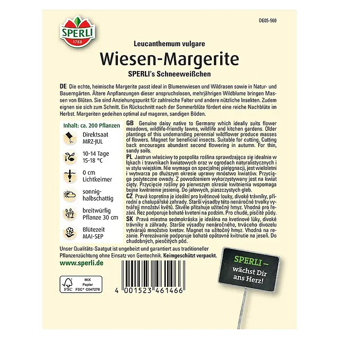 Sperli Blumensamen Wiesen-Margerite - Cosmos bipinnatus - SPERLI Wiesen-Margerite Samenpackung mit Informationen zu Anbau, Pflege und Blütezeit.