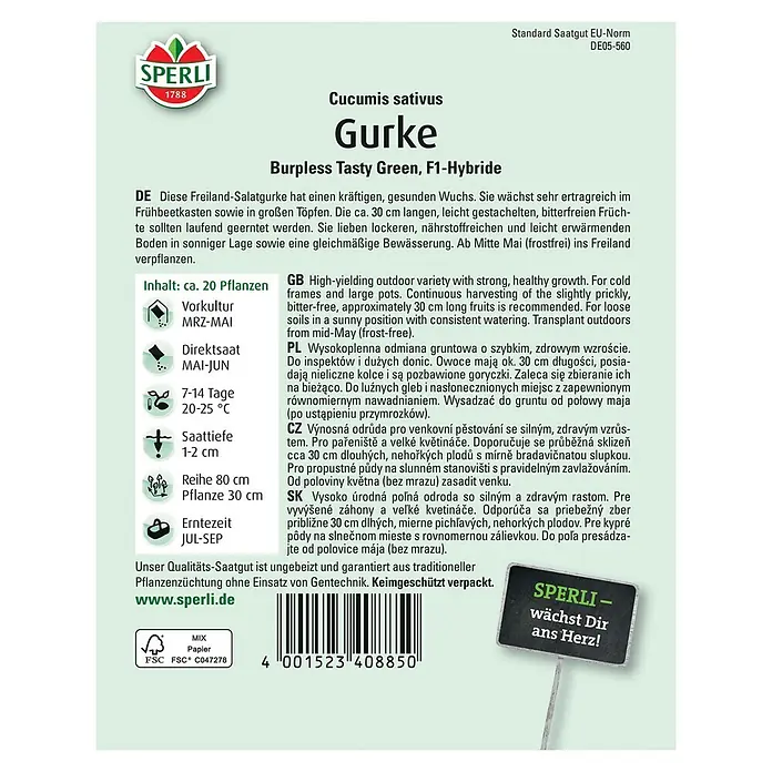 Sperli Gemüsesamen Salatgurke - Tasty Green F1, Cucumis sativus, Erntezeit: Juli - SPERLI Gurkensamen 'Burpless Tasty Green F1': Eine ertragreiche, bitterfreie Freilandgurke für gesunde Ernten im Garten.