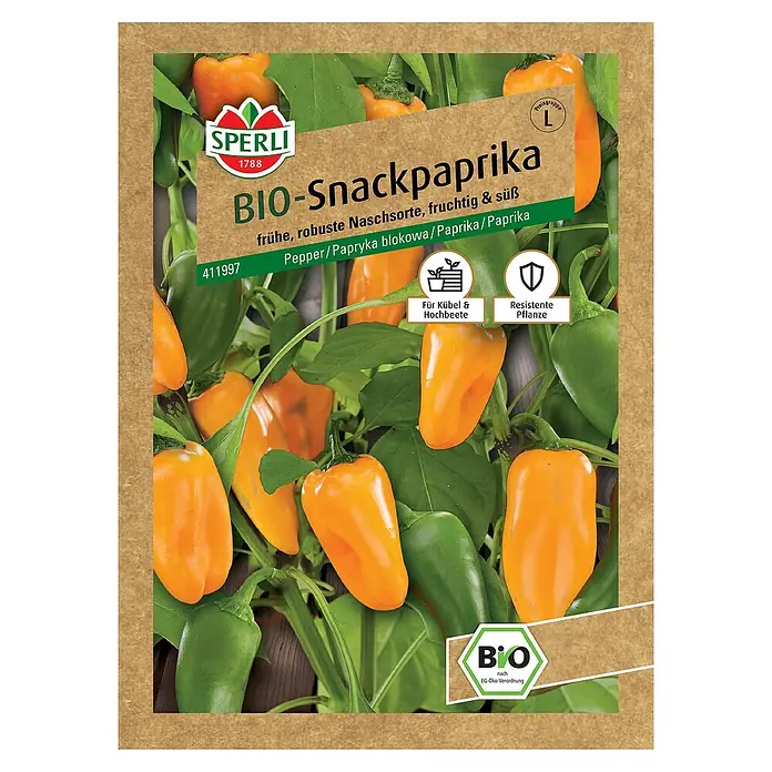 Sperli Gemüsesamen BIO Snackpaprika - Capsicum annuum, Erntezeit: Juni - Samenpackung Bio-Snackpaprika, eine frühe, robuste Naschsorte, fruchtig & süß, ideal für Kübel und Hochbeete, resistente Pflanze.