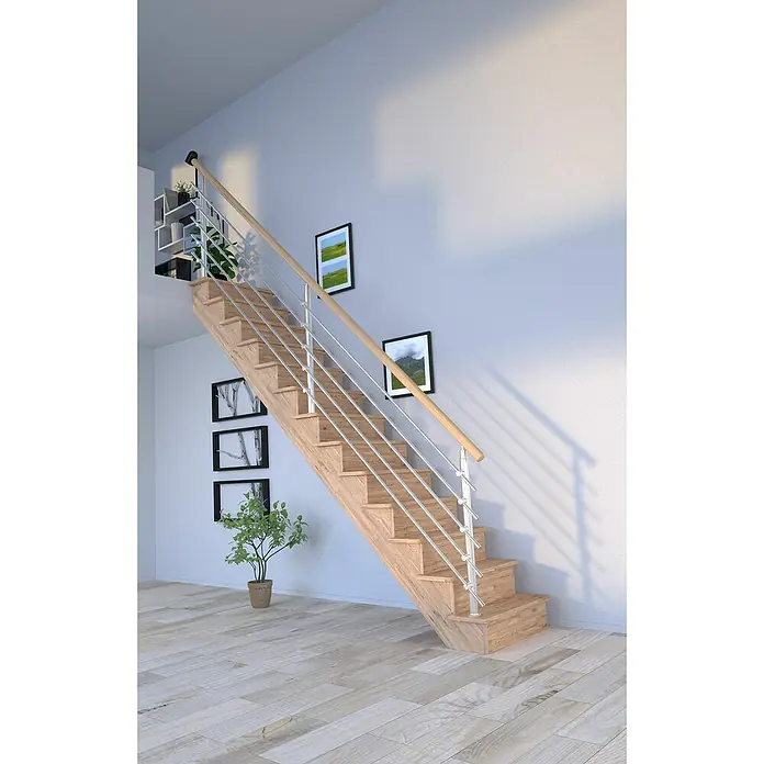 Starwood Raumspartreppe Lindos - Breite: 80 cm, Eiche, Geschosshöhe: 300 cm, Gerade, Montageseite Geländer: Wahlweise links/rechts, Designgeländer Edelstahl, Mit Setzstufen - Holztreppe mit modernem Edelstahlgeländer. Eine stilvolle Treppe, die das Interieur mit ihrem natürlichen Holz und den Edelstahlstäben aufwertet.