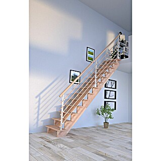 Starwood Raumspartreppe Lindos (Breite: 80 cm, Buche, Geschosshöhe: 300 cm, Gerade, Montageseite Geländer: Wahlweise links/rechts, Designgeländer Holzrundstäbe, Ohne Setzstufen)