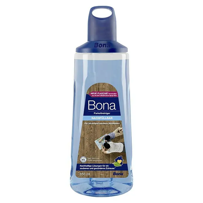 Bona Parkettreiniger - 850 ml, Kartusche - Bild einer Flasche Bona Parkettreiniger Nachfüllpackung, ideal für strahlend saubere Holzböden und ein nachhaltiges Zuhause.