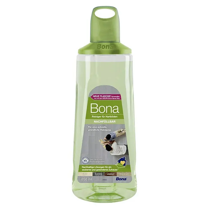 Bona Fliesen- & Laminatreiniger für Hartböden - 850 ml, Kartusche - Bild einer 850ml Flasche Bona Hartbodenreiniger Nachfüllpackung.